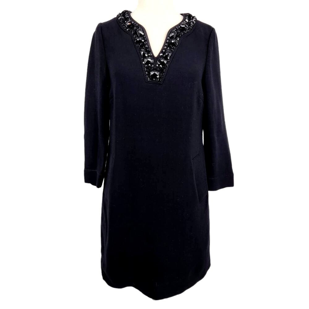 NEW Kate Spade Wool Blend Beaded V Neckline Shift Mini Dress W Pockets Black XS